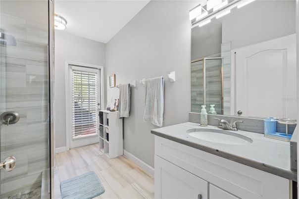 Bathroom, Glass Shower, Interior, Wood Texture Flooring
