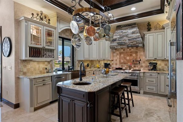 Interior, Kitchen, Recessed Lighting, Stainless Steel Appliances, Stone Walls