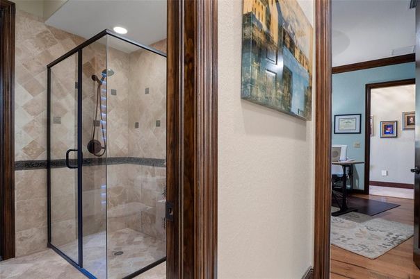 Bathroom, Glass Shower, Interior, Recessed Lighting, Wood Texture Flooring
