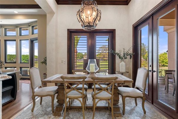 Chandelier, Dining room, Interior, Recessed Lighting, Wood Texture Flooring