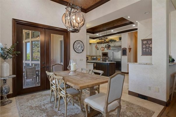 Chandelier, Dining room, Interior, Kitchen, Pendant Lights, Recessed Lighting, Stainless Steel Appliances