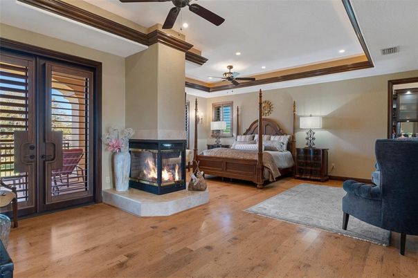 Bedroom, Fireplace, Interior, Recessed Lighting, Wood Texture Flooring