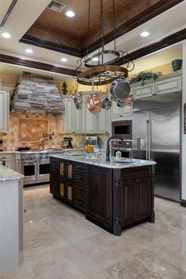 Interior, Kitchen, Pendant Lights, Recessed Lighting, Stainless Steel Appliances, Stone Walls