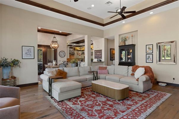 Dining room, Interior, Living room, Pendant Lights, Recessed Lighting, Wood Texture Flooring