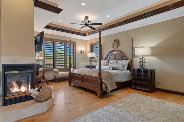 Bedroom, Fireplace, Interior, Recessed Lighting, Wood Texture Flooring