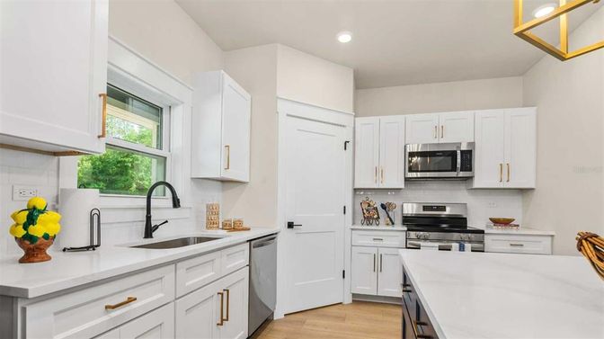 Interior, Kitchen, Recessed Lighting, Stainless Steel Appliances, Wood Texture Flooring