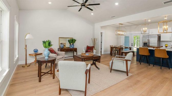 Dining room, Interior, Kitchen, Living room, Pendant Lights, Recessed Lighting, Stainless Steel Appliances, Wood Texture Flooring