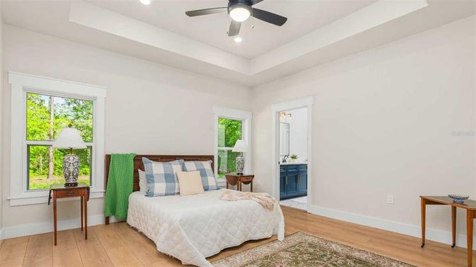 Bedroom, Interior, Recessed Lighting, Wood Texture Flooring