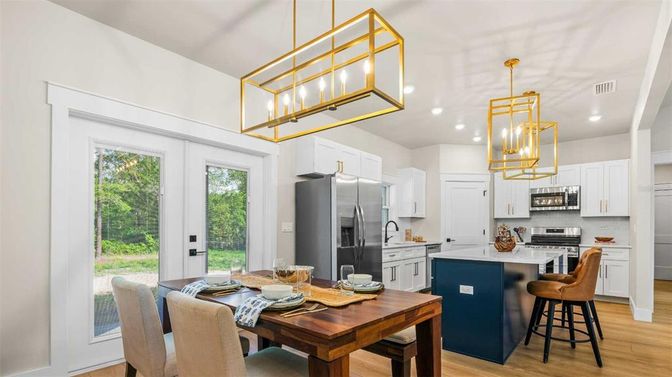 Dining room, Interior, Kitchen, Pendant Lights, Recessed Lighting, Stainless Steel Appliances, Wood Texture Flooring