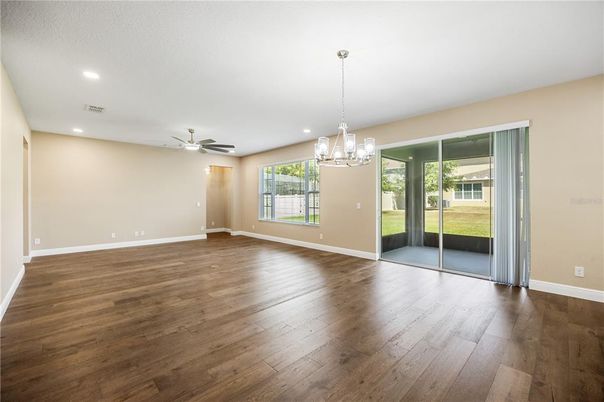 Chandelier, Empty room, Interior, Recessed Lighting, Wood Texture Flooring