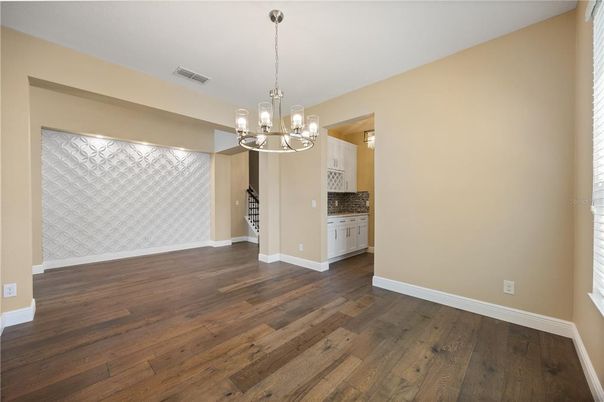 Chandelier, Empty room, Interior, Pendant Lights, Wood Texture Flooring