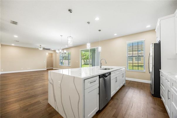 Interior, Kitchen, Pendant Lights, Recessed Lighting, Wood Texture Flooring