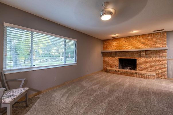 Empty room, Fireplace, Interior, Recessed Lighting, Stone Walls