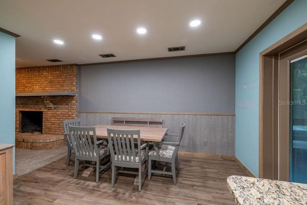 Dining room, Interior, Recessed Lighting, Stone Walls, Wood Texture Flooring
