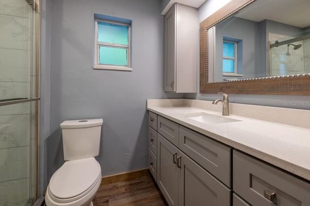 Bathroom, Glass Shower, Interior, Wood Texture Flooring