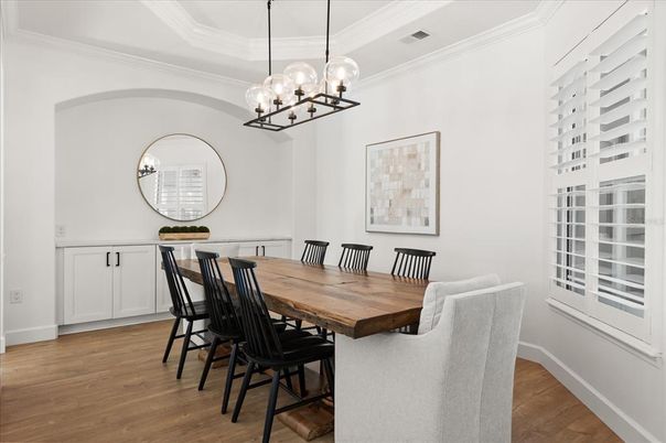Chandelier, Dining room, Interior, Pendant Lights, Wood Texture Flooring
