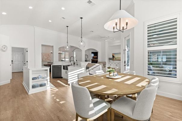 Dining room, Interior, Kitchen, Pendant Lights, Recessed Lighting, Wood Texture Flooring