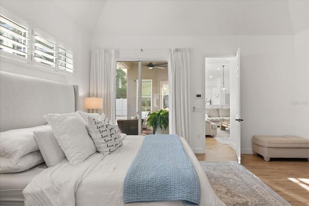 Bedroom, Interior, Pendant Lights, Wood Texture Flooring