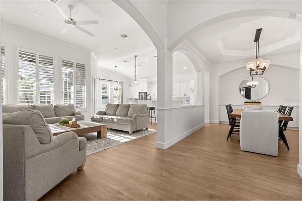 Dining room, Interior, Kitchen, Living room, Pendant Lights, Recessed Lighting, Wood Texture Flooring