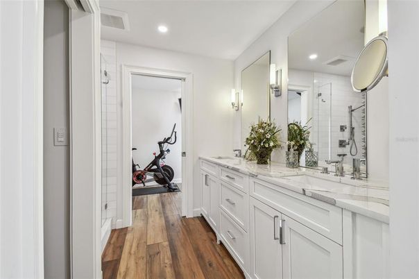 Bathroom, Fitness Equipment, Interior, Recessed Lighting, Wood Texture Flooring