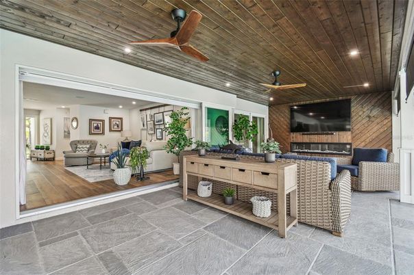 Fireplace, Interior, Living room, Recessed Lighting, Wooden Ceilings, Wood Texture Flooring