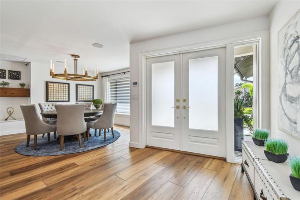 Dining room, Interior, Pendant Lights, Wood Texture Flooring