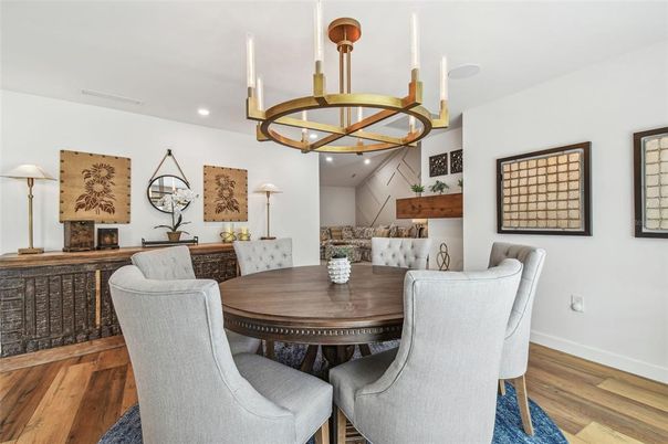 Chandelier, Dining room, Interior, Pendant Lights, Recessed Lighting, Wood Texture Flooring