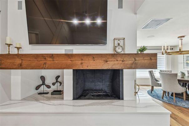 Dining room, Fireplace, Interior, Pendant Lights, Wood Texture Flooring