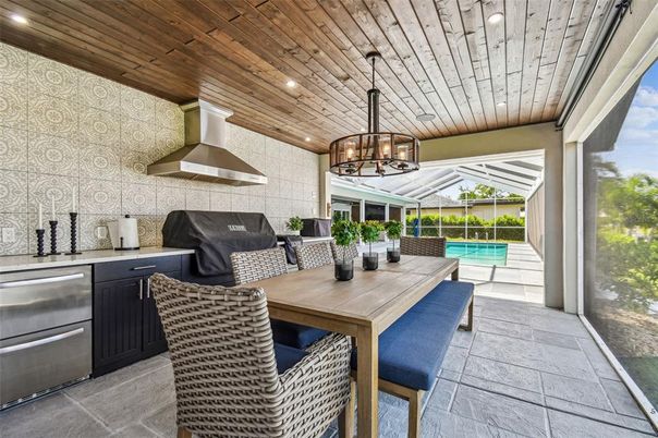 Chandelier, Interior, Kitchen, Pool, Recessed Lighting, Stainless Steel Appliances, Wooden Ceilings