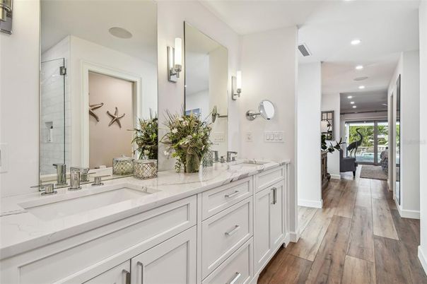 Bathroom, Dual Sink Vanities, Interior, Recessed Lighting, Wood Texture Flooring