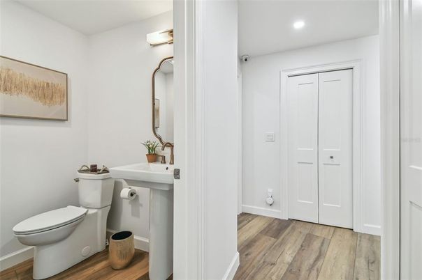 Bathroom, Interior, Recessed Lighting, Wood Texture Flooring
