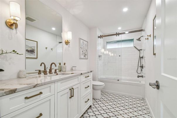 Bathroom, Dual Sink Vanities, Glass Shower, Interior, Recessed Lighting