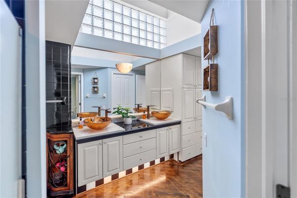 Interior, Kitchen, Tile Countertops, Wood Texture Flooring
