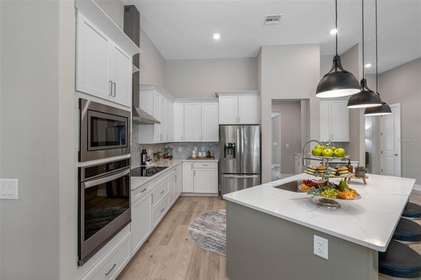 Interior, Kitchen, Pendant Lights, Recessed Lighting, Stainless Steel Appliances, Wood Texture Flooring