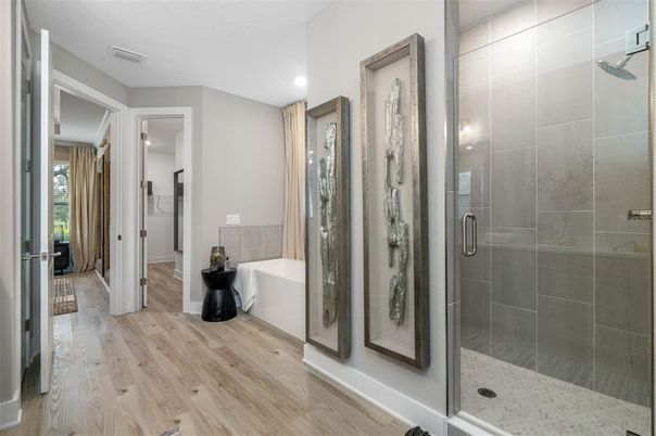 Bathroom, Glass Shower, Interior, Recessed Lighting, Wood Texture Flooring