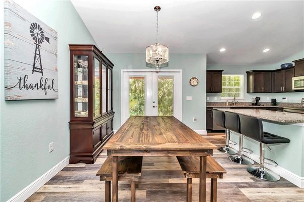 Dining room, Interior, Kitchen, Pendant Lights, Recessed Lighting, Wood Texture Flooring