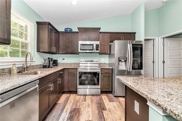 Interior, Kitchen, Recessed Lighting, Stainless Steel Appliances, Wood Texture Flooring