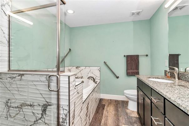 Bathroom, Glass Shower, Interior, Recessed Lighting, Wood Texture Flooring