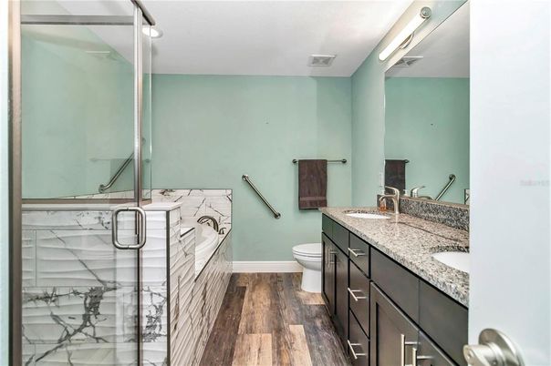 Bathroom, Glass Shower, Interior, Wood Texture Flooring