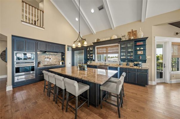 Chandelier, Interior, Kitchen, Pendant Lights, Recessed Lighting, Stainless Steel Appliances, Wood Texture Flooring