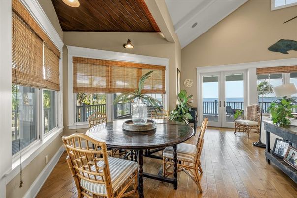 Dining room, Fireplace, Interior, Water, Wooden Ceilings, Wood Texture Flooring