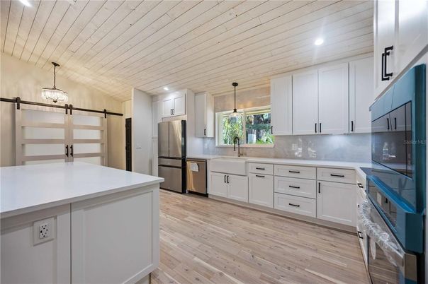 Interior, Kitchen, Pendant Lights, Recessed Lighting, Wooden Ceilings, Wood Texture Flooring