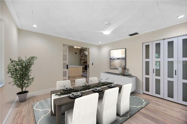 Dining room, Interior, Recessed Lighting, Wood Texture Flooring