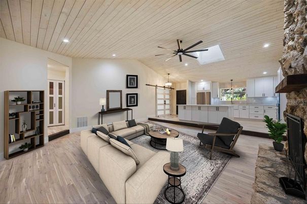 Fireplace, Interior, Kitchen, Living room, Pendant Lights, Recessed Lighting, Stone Walls, Wood Texture Flooring