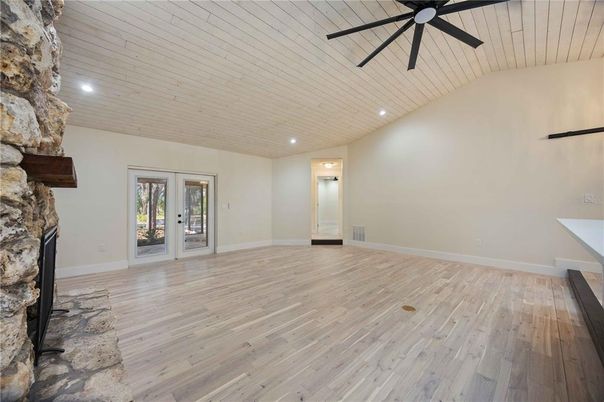 Empty room, Fireplace, Interior, Recessed Lighting, Wood Texture Flooring