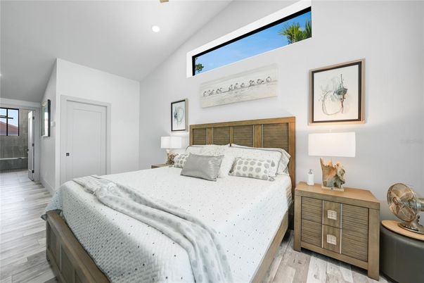 Bedroom, Interior, Recessed Lighting, Wood Texture Flooring