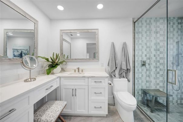 Bathroom, Dual Sink Vanities, Glass Shower, Interior, Recessed Lighting