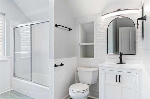 Bathroom, Dual Sink Vanities, Glass Shower, Interior, Wood Texture Flooring