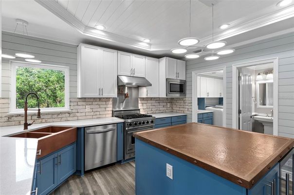 Interior, Kitchen, Pendant Lights, Recessed Lighting, Stainless Steel Appliances, Wood Texture Flooring