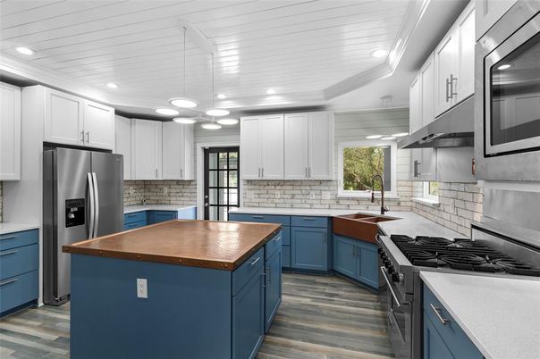 Interior, Kitchen, Pendant Lights, Recessed Lighting, Stainless Steel Appliances, Wood Texture Flooring